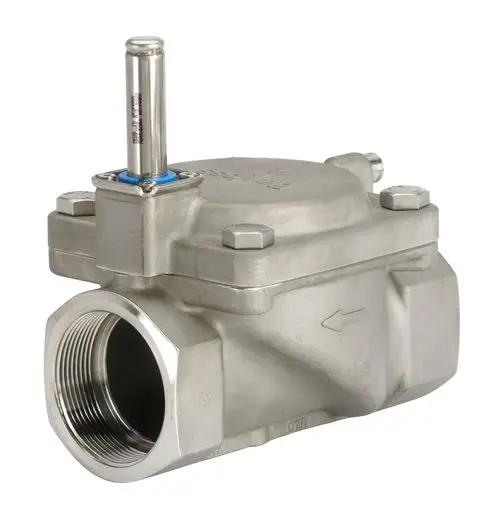 Edelstahl-Magnetventil von Danfoss mit sichtbarem Anschluss und Gehäuse. Das Produkt verfügt über Gewindeanschluss und eine obere Ansteuerung.